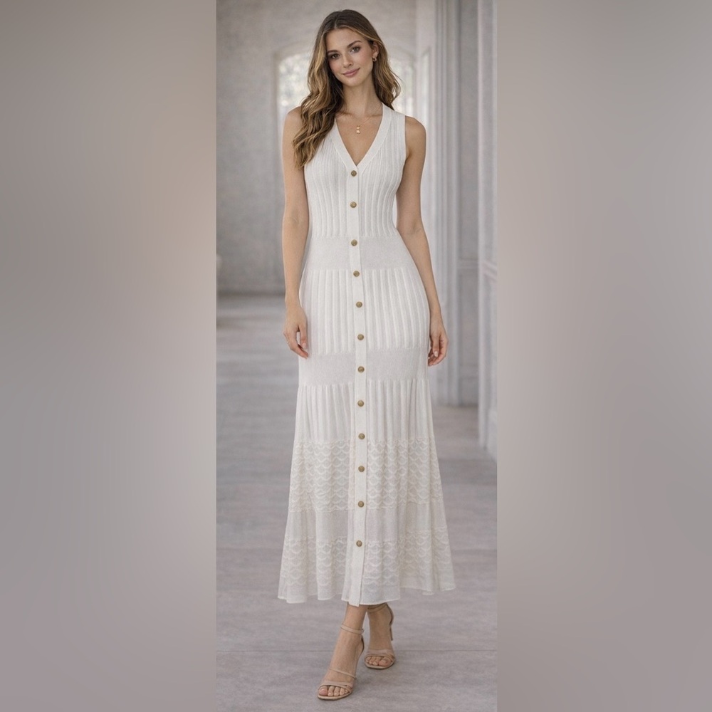Tahari Cream Sleeveless Button-Front Maxi Dress Small